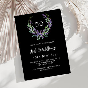 Invitación Aniversario de lujo floral de lavanda blanca negra