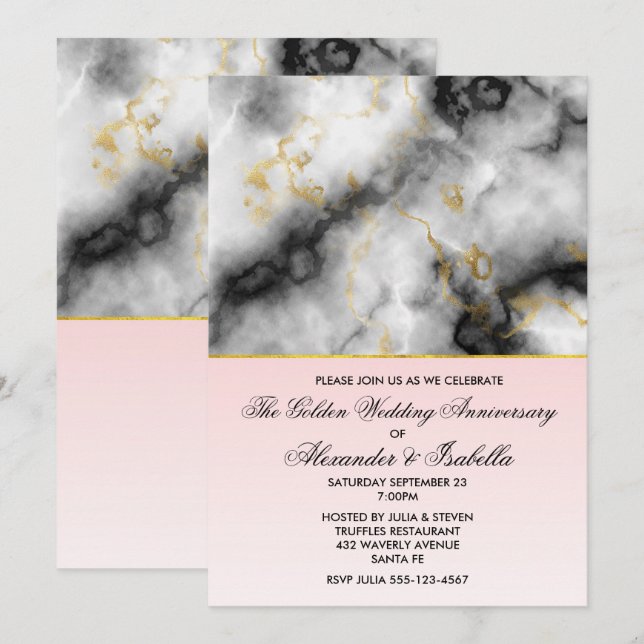 Invitación Aniversario de mármol gris blanco moderno (Anverso / Reverso)