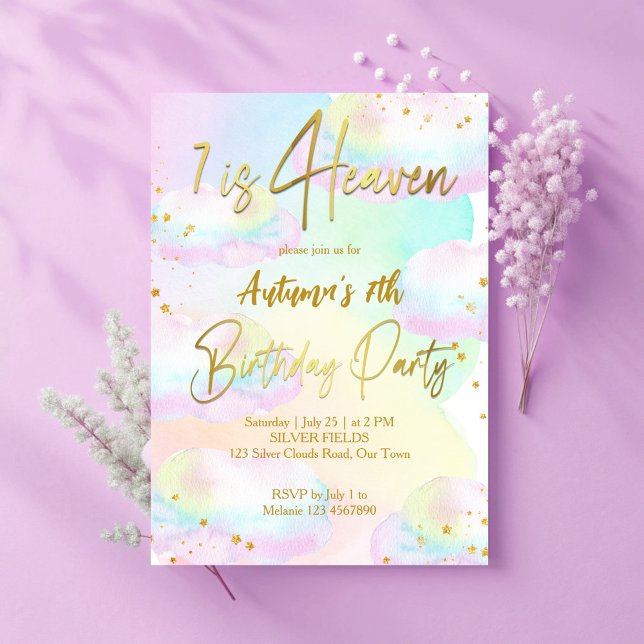 Invitación Aniversario de nubes de arcoiris pastel (7th Heaven pastel rainbow ombre clouds birthday party invitation cards template)
