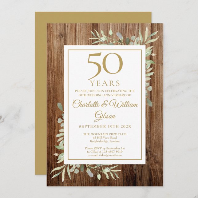 Invitación Aniversario de Oro número 50 con Hojas Verdes Rúst (Anverso / Reverso)