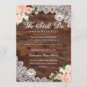 Invitación Aniversario de Renovación Floral Rustic Wood Lace