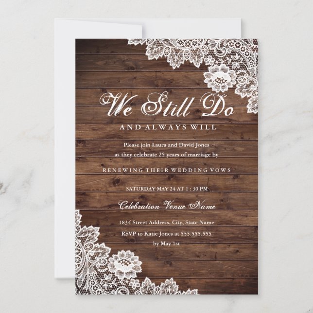 Invitación Aniversario de Renovación Rustic Wood Lace (Anverso)
