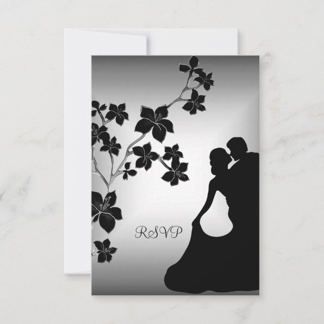 Invitación Aniversario de RSVP Pareja floral de plata negra a (Anverso)