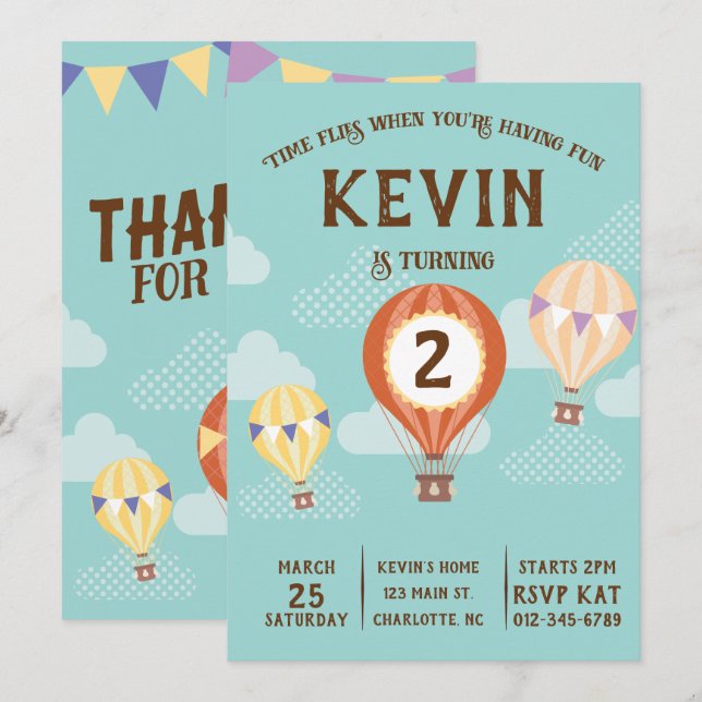 Invitación Aniversario de un bonito globo aerostático. (Anverso / Reverso)