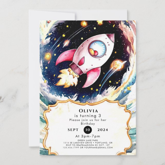Invitación Aniversario de un cohete simple y caprichoso (Anverso)