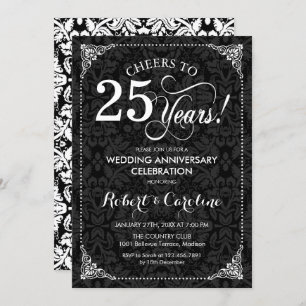 Invitación Aniversario del 25° Boda - Damasco blanco negro
