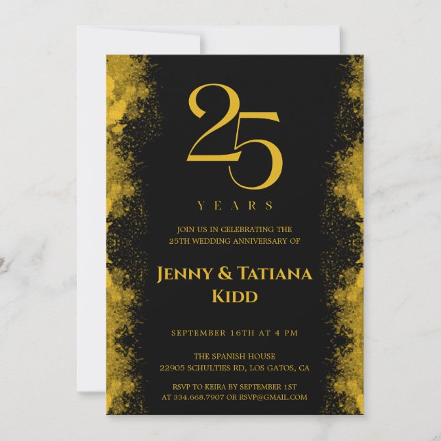 Invitación Aniversario del 25° Boda de Black & Gold (Anverso)