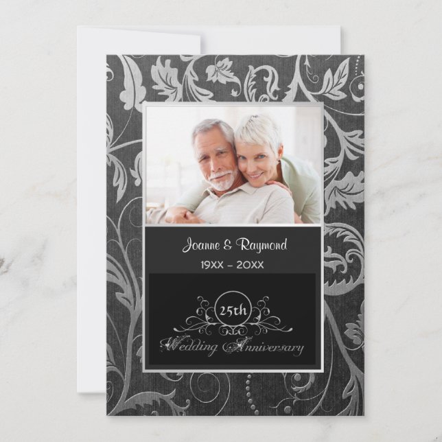 Invitación Aniversario del 25° Boda de Damasco negro y platea (Anverso)