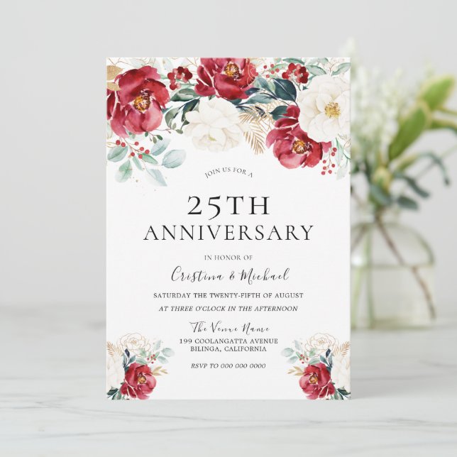 Invitación Aniversario del 25° Boda de la Ruby Roja de Borgoñ (Anverso de pie)