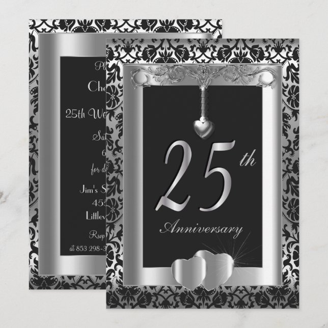 Invitación Aniversario del 25° Boda de Plata y Negro| DIVIAR (Anverso / Reverso)