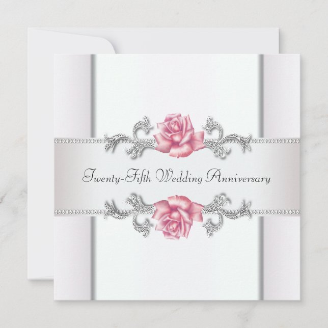 Invitación Aniversario del 25° Boda de Rosa Rosada Plata (Anverso)