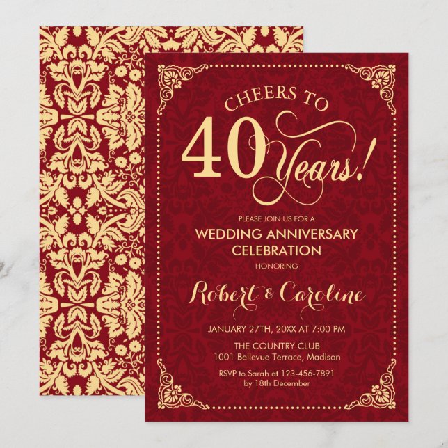 Invitación Aniversario del 40° Boda - Damasco de oro rojo de  (Anverso / Reverso)