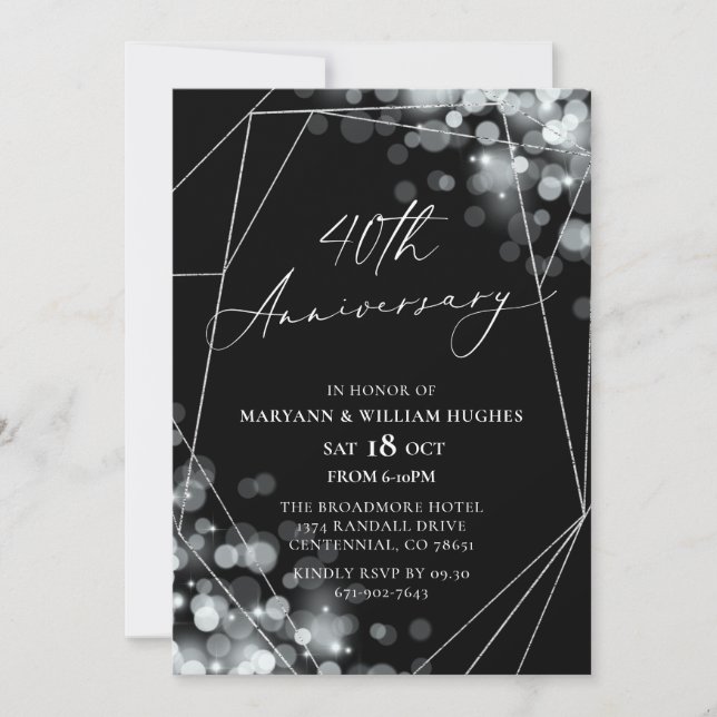 Invitación Aniversario del 40° Boda de Plata y Negro (Anverso)