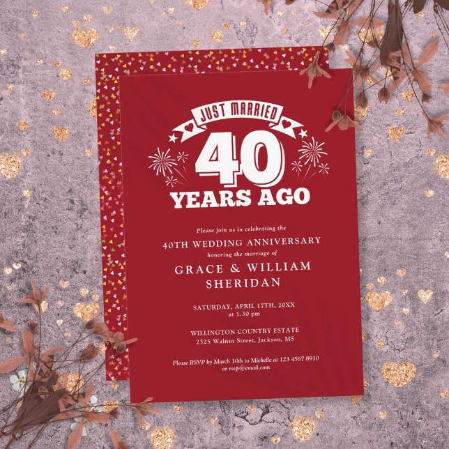 Invitación Aniversario del 40° Boda recién casado (Just Married 40th Wedding Anniversary Invitation)