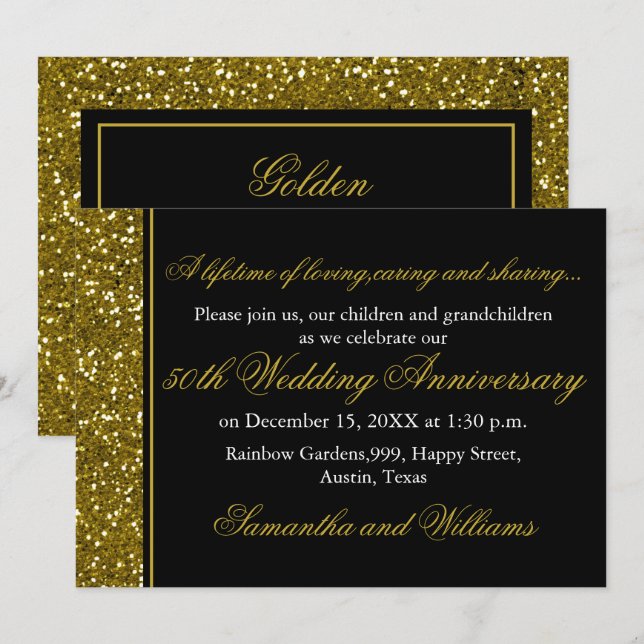 Invitación Aniversario del 50° Boda de Black And Gold Purpuri (Anverso / Reverso)