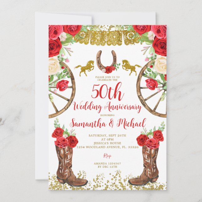 Invitación Aniversario del 50° Boda de la Floral Roja Brillan (Anverso)