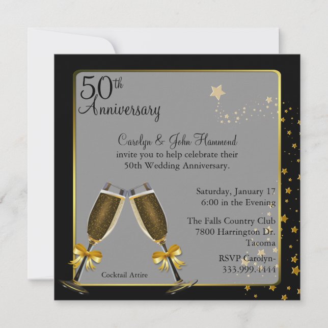 Invitación Aniversario del 50° Boda de moda Negro y Oro (Anverso)
