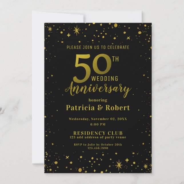 Invitación Aniversario del 50° Boda de Purpurina Negro y Oro (Anverso)
