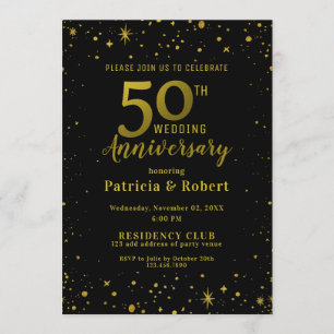 Invitación Aniversario del 50° Boda de Purpurina Negro y Oro