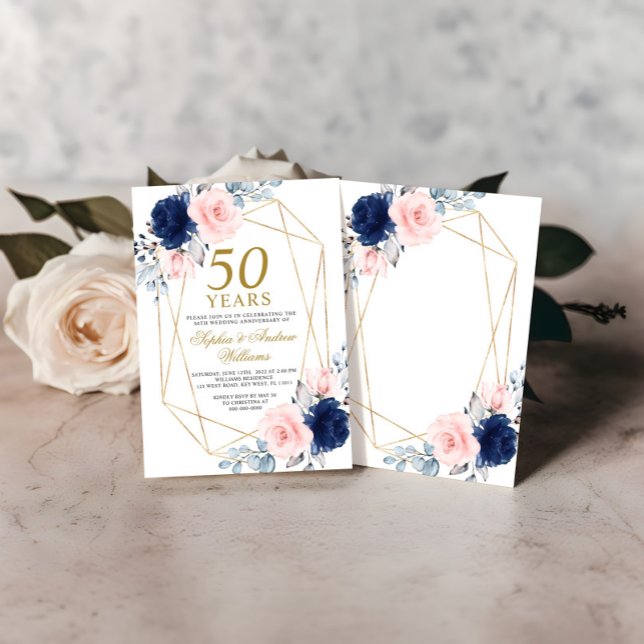 Invitación Aniversario del 50° Boda de Rubor Pink & Navy Blue (Subido por el creador)