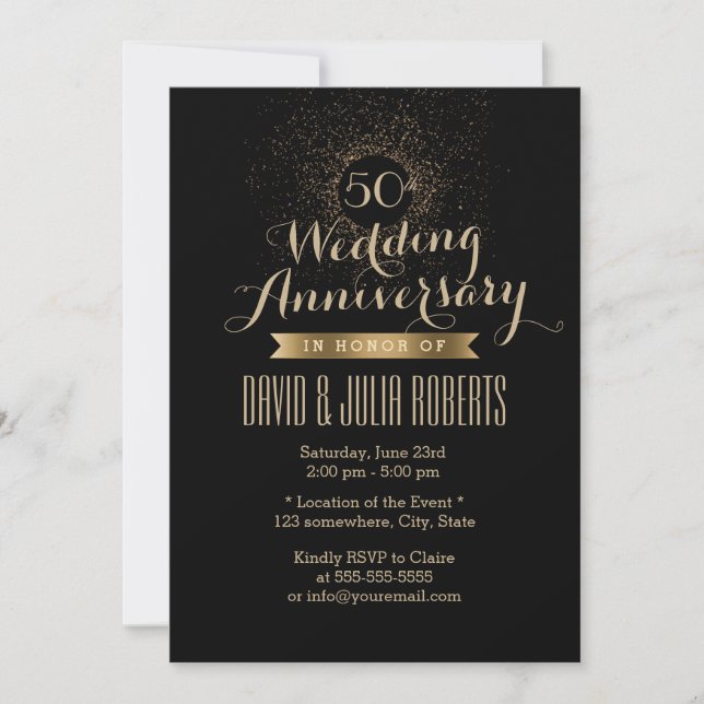 Invitación Aniversario del 50° Boda del Negro y Oro Moderno (Anverso)