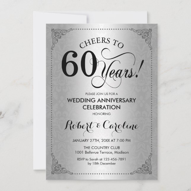 Invitación Aniversario del 60° Boda - Damasco negro plateado (Anverso)