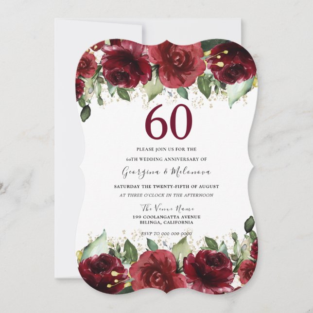 Invitación Aniversario del 60° Boda Rojo Borgoña (Anverso)