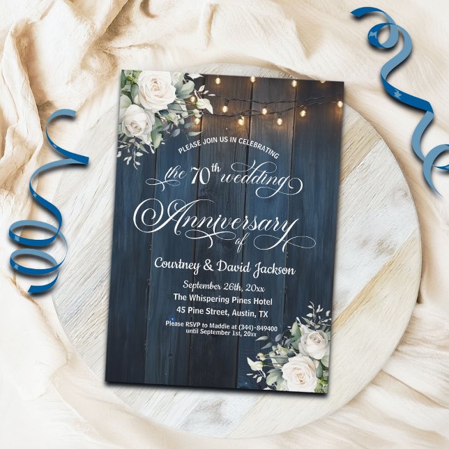 Invitación Aniversario del 70° Boda Rústico Blue String Light (Subido por el creador)