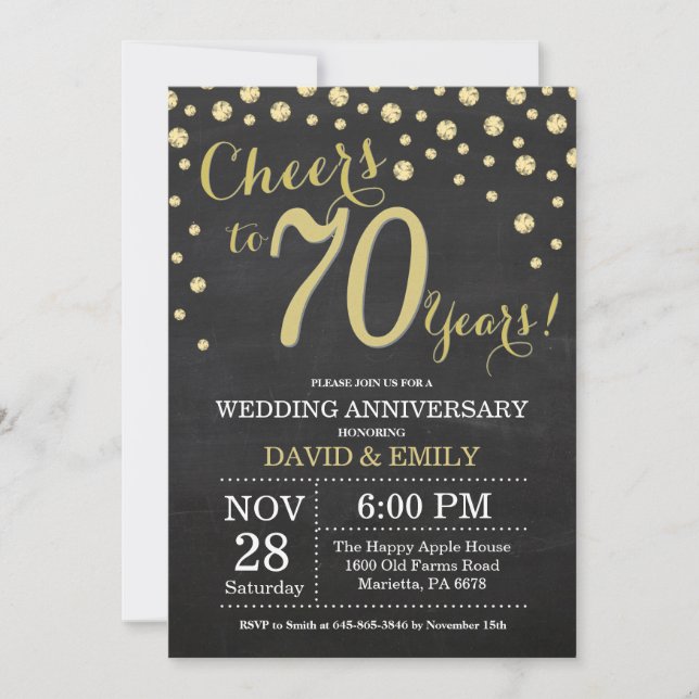 Invitación Aniversario del 70 de Boda Chalkboard Negro y Oro (Anverso)