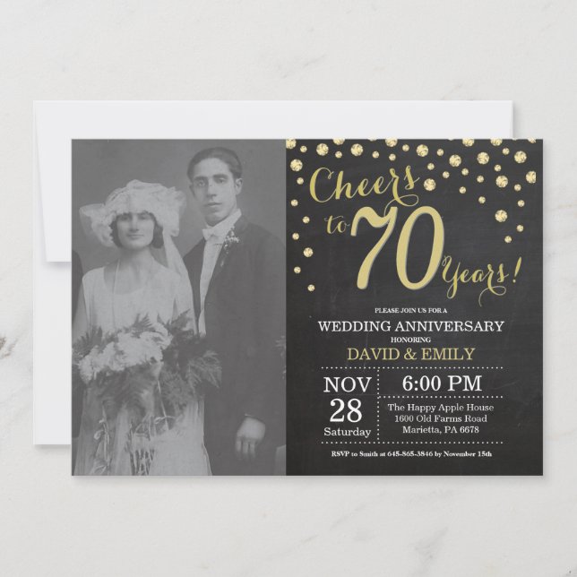 Invitación Aniversario del 70 de Boda Chalkboard Negro y Oro (Anverso)