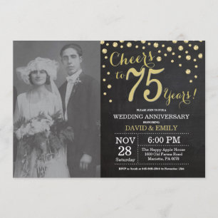 Invitación Aniversario del 75° Boda Chalkboard Negro y Oro