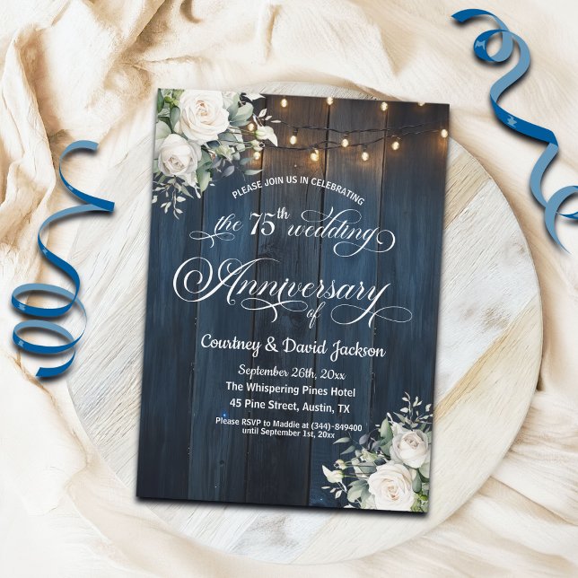 Invitación Aniversario del 75° Boda Rústico Blue String Light (Subido por el creador)