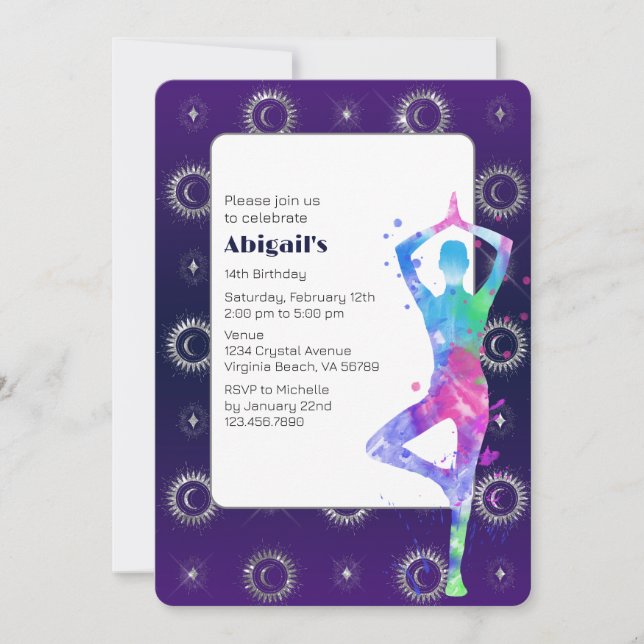 Invitación Aniversario del Agosto del Yoga Morado Místico y L (Anverso)