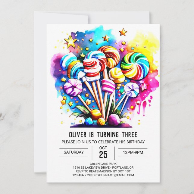 Invitación Aniversario del arcoiris dulce Lollipop (Anverso)