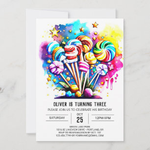 Invitación Aniversario del arcoiris dulce Lollipop