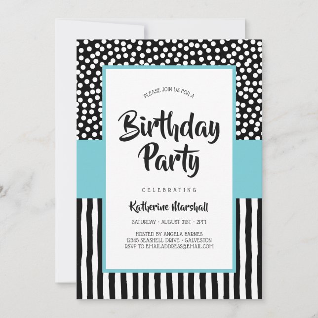 Invitación Aniversario del blanco negro y Aqua (Anverso)