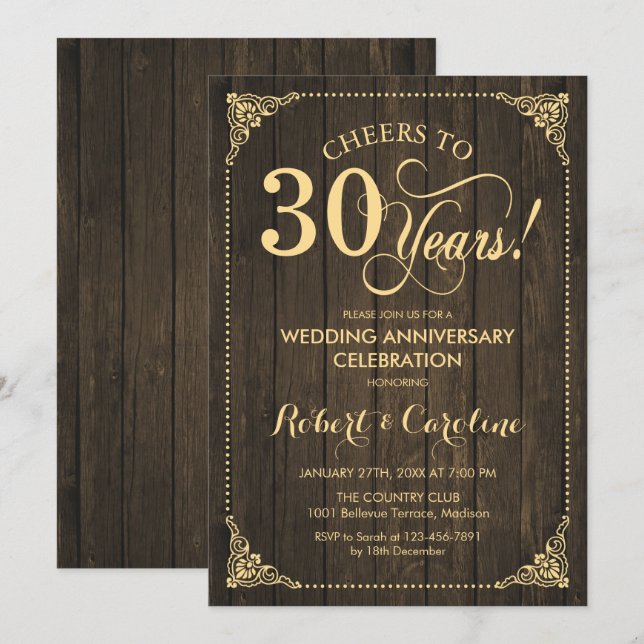 Invitación Aniversario del Boda 30 - Madera de oro (Anverso / Reverso)