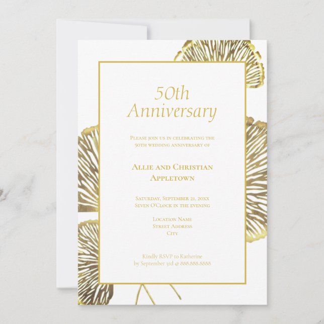 Invitación Aniversario del Boda 50 Golden Gingko Biloba Leaf (Anverso)