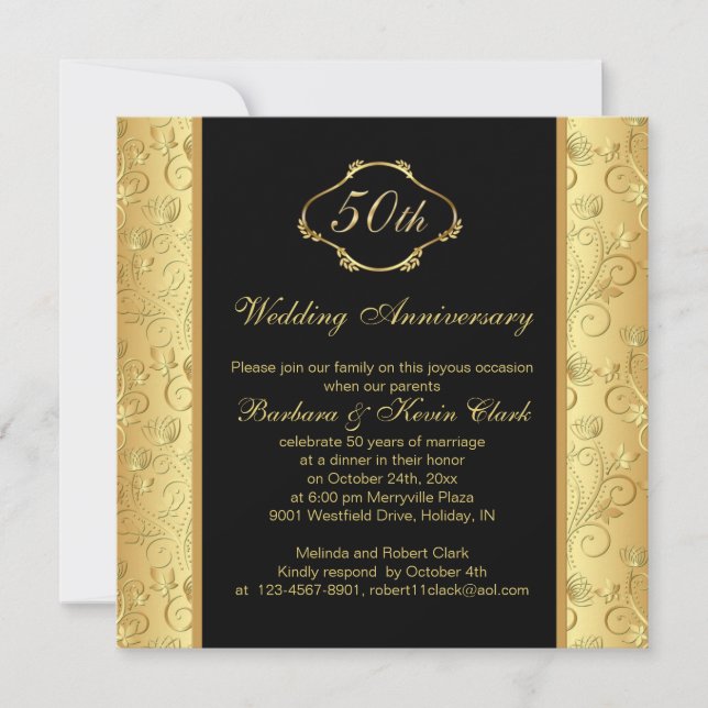 Invitación Aniversario del Boda 50 negro dorado floral (Anverso)