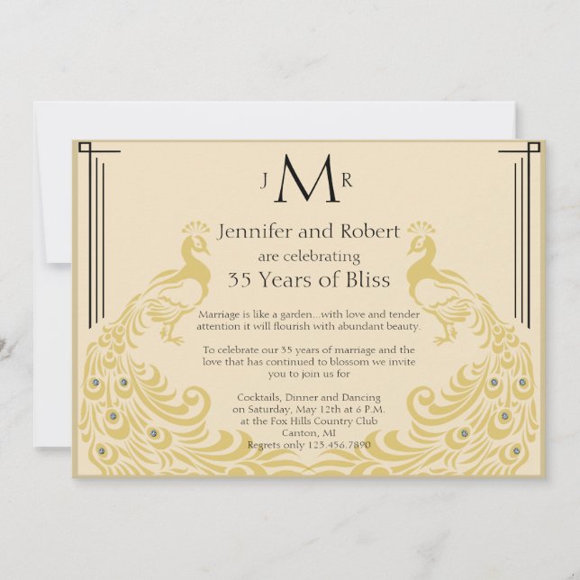 Invitación Aniversario del Boda Art Deco de Peacock Elegance (Anverso)