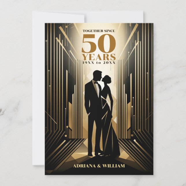 Invitación Aniversario del Boda Art Deco Retro Negro y Oro (Anverso)
