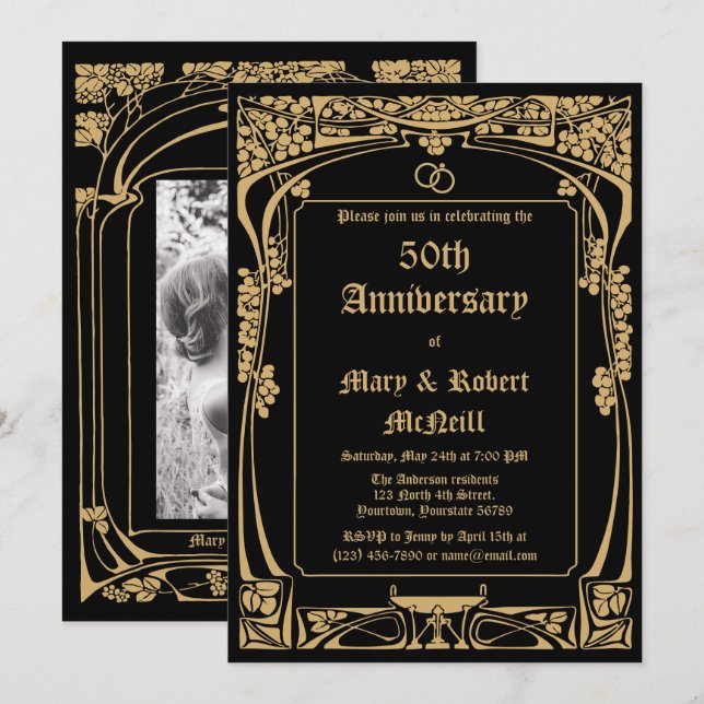 Invitación Aniversario del Boda Art Nouveau elegante (Anverso / Reverso)