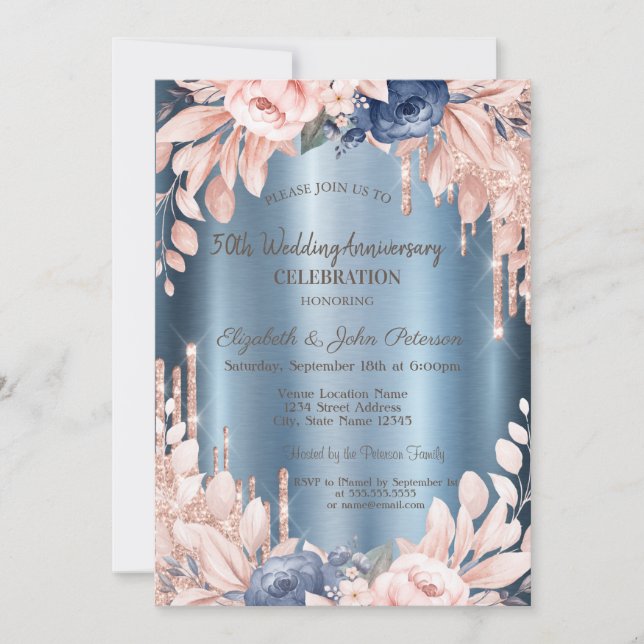 Invitación Aniversario del Boda Azul Floral de Drin purpurina (Anverso)