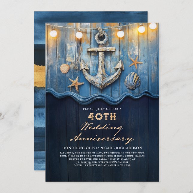 Invitación Aniversario del Boda Azul y Oro de la Marina Náuti (Anverso / Reverso)