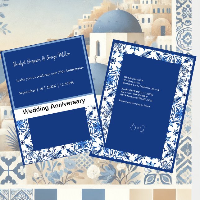 Invitación Aniversario del Boda blanco y azul de Grecia, que  (Subido por el creador)