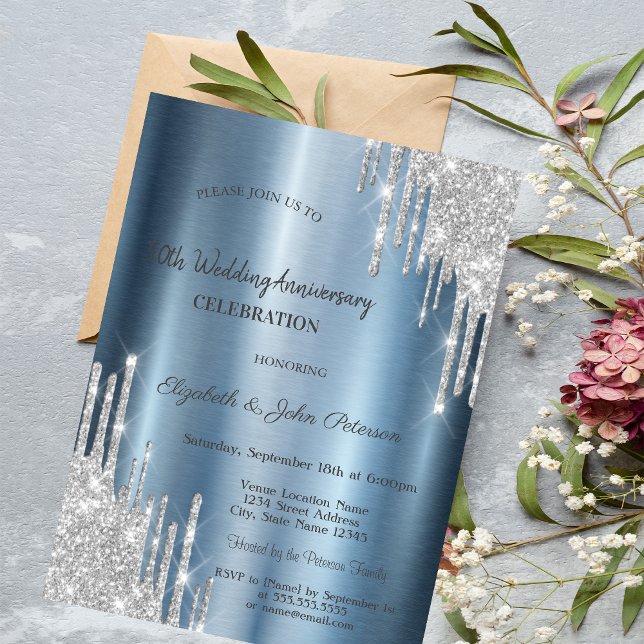Invitación Aniversario del Boda de Blue Metallic de purpurina (Subido por el creador)