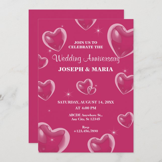 Invitación Aniversario del Boda de burbuja de los corazones r (Anverso / Reverso)