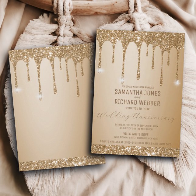 Invitación Aniversario del Boda de Champagne purpurina Gold D (Subido por el creador)