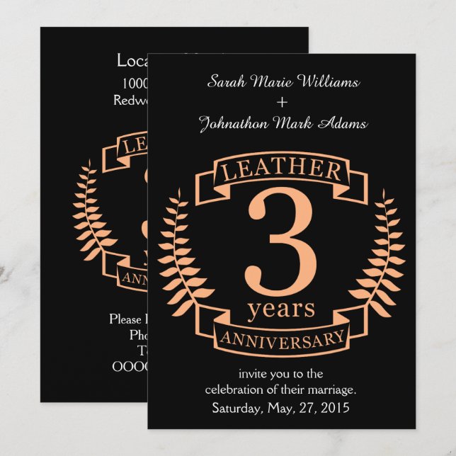 Invitación Aniversario del boda de cuero de 3 años (Anverso / Reverso)