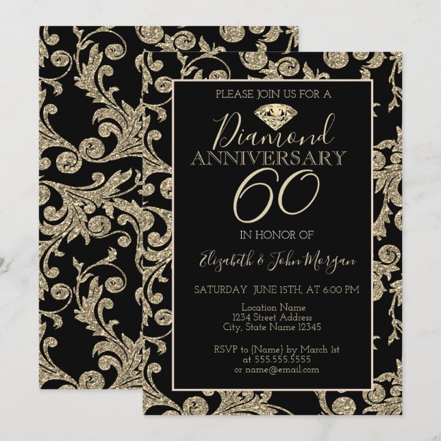 Invitación Aniversario del Boda de diamantes de Purpurina dor (Anverso / Reverso)